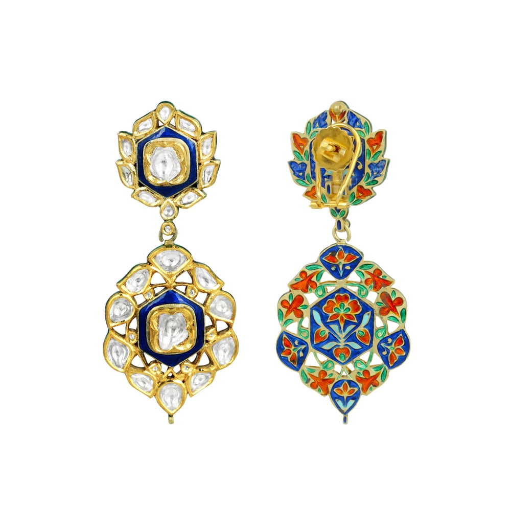Blue Enamel Earrings with Polki Cluster and Bold Detailing